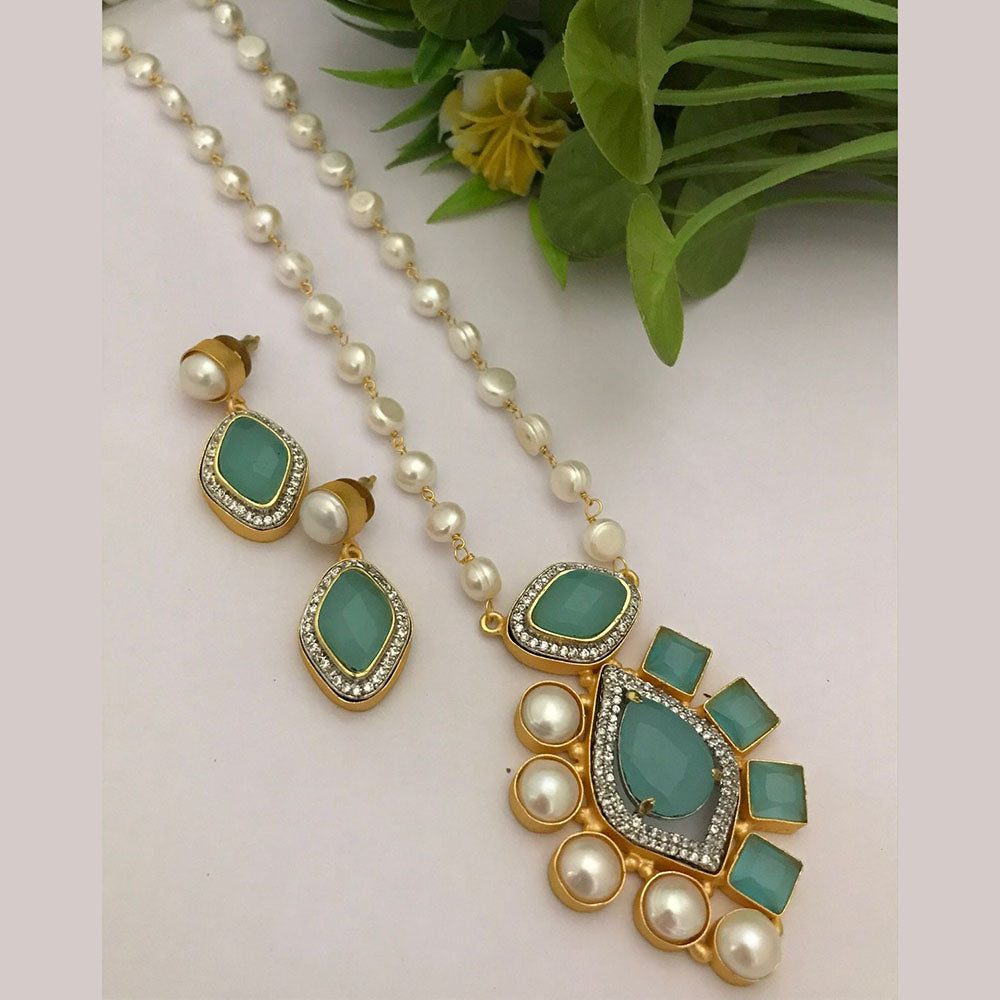FS Collection Gold Plated Austrian Stone And Pearls Long Necklace Set