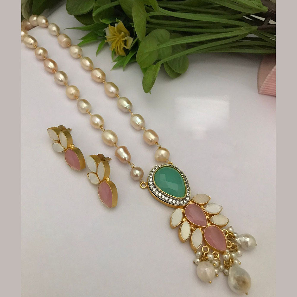 FS Collection Gold Plated Austrian Stone And Pearls Long Necklace Set