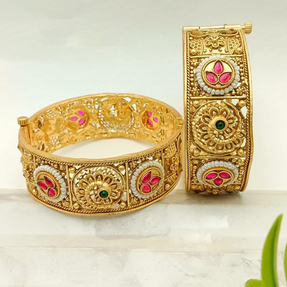 FS Collection Gold Plated Pota Stone And Pearls Openable Bangle Set