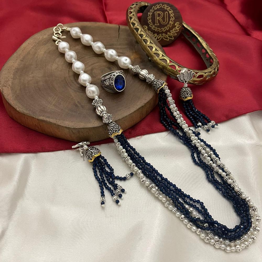 FS Collection Oxidised Plated Pearl And Beads Long Necklace Set