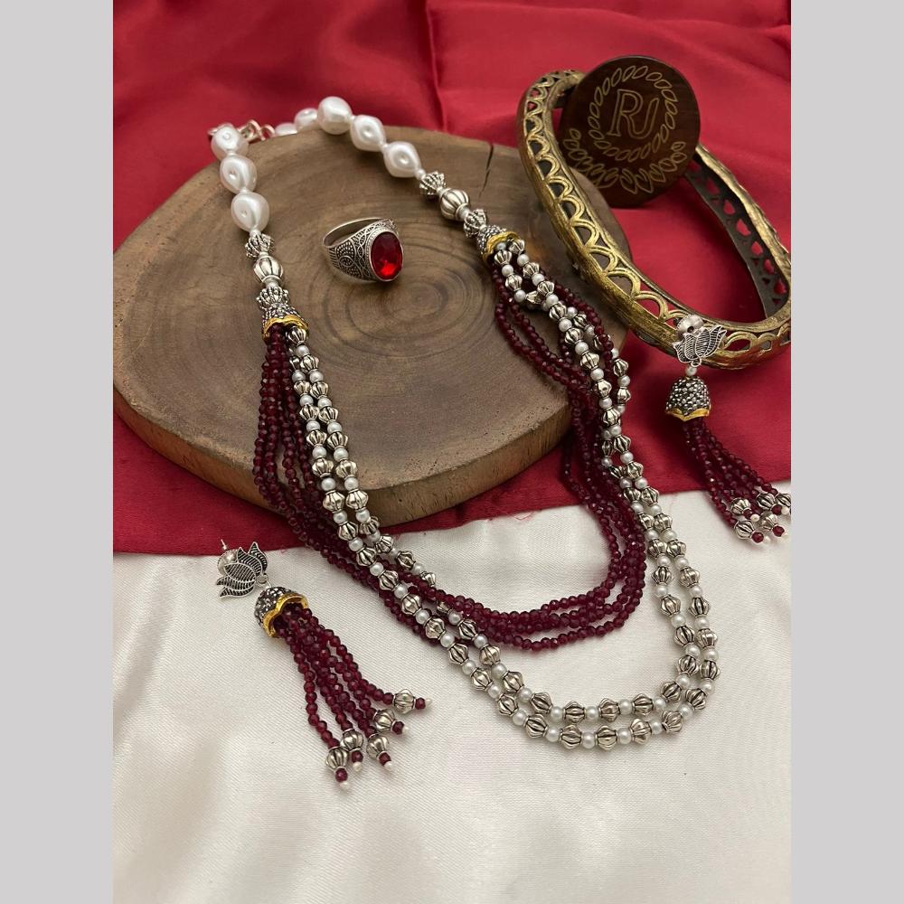 FS Collection Oxidised Plated Pearl And Beads Long Necklace Set