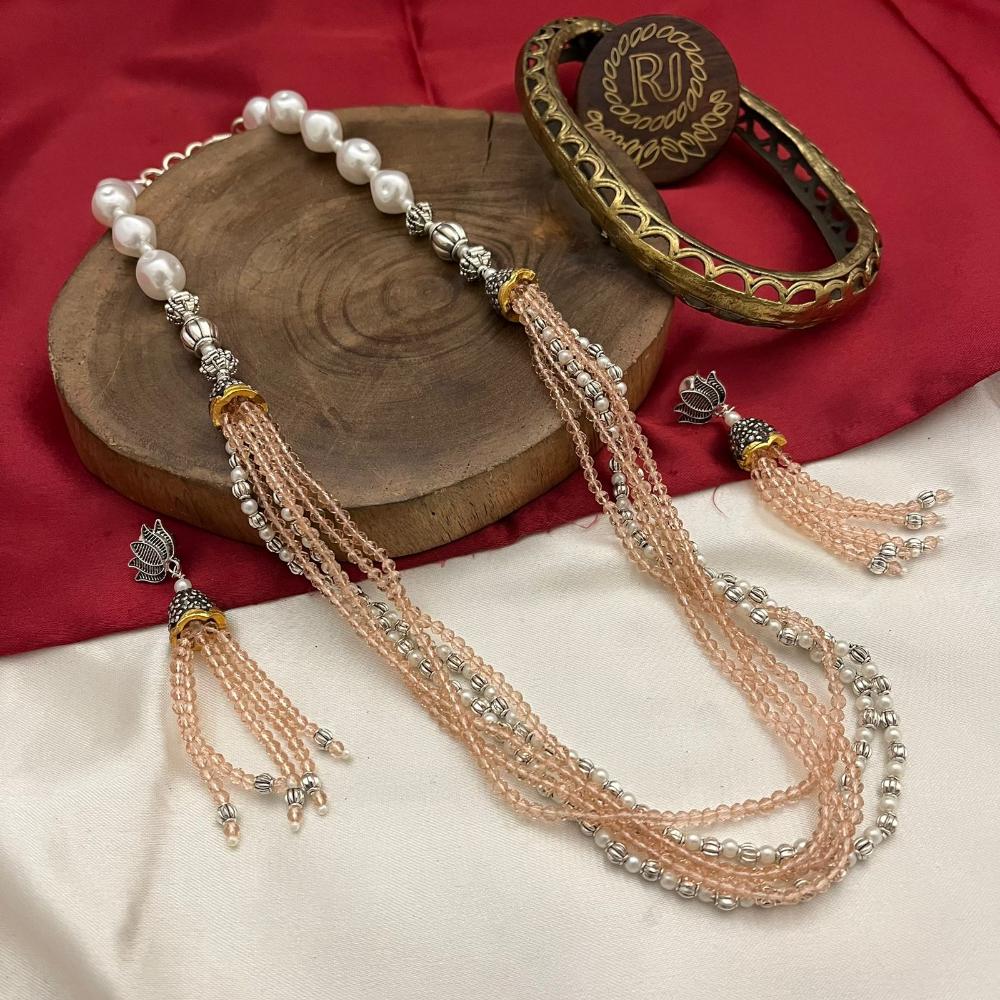 FS Collection Oxidised Plated Pearl And Beads Long Necklace Set