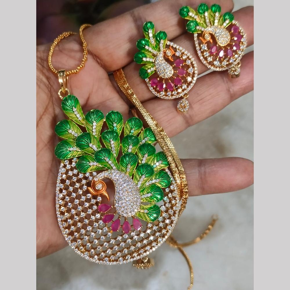 FS Collection Gold Plated American Diamond Peacock Design Chain Pendant Set