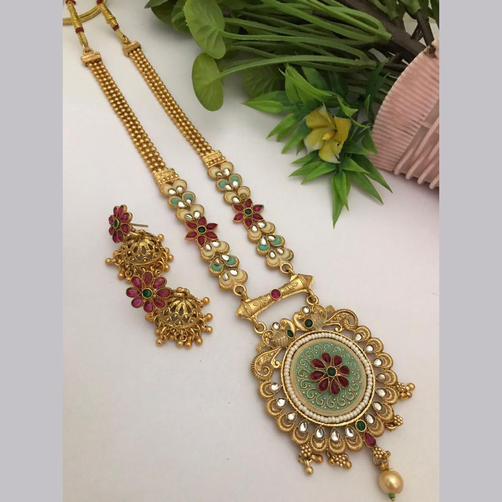 FS Collection Gold Plated Kundan Stone Long Necklace Set