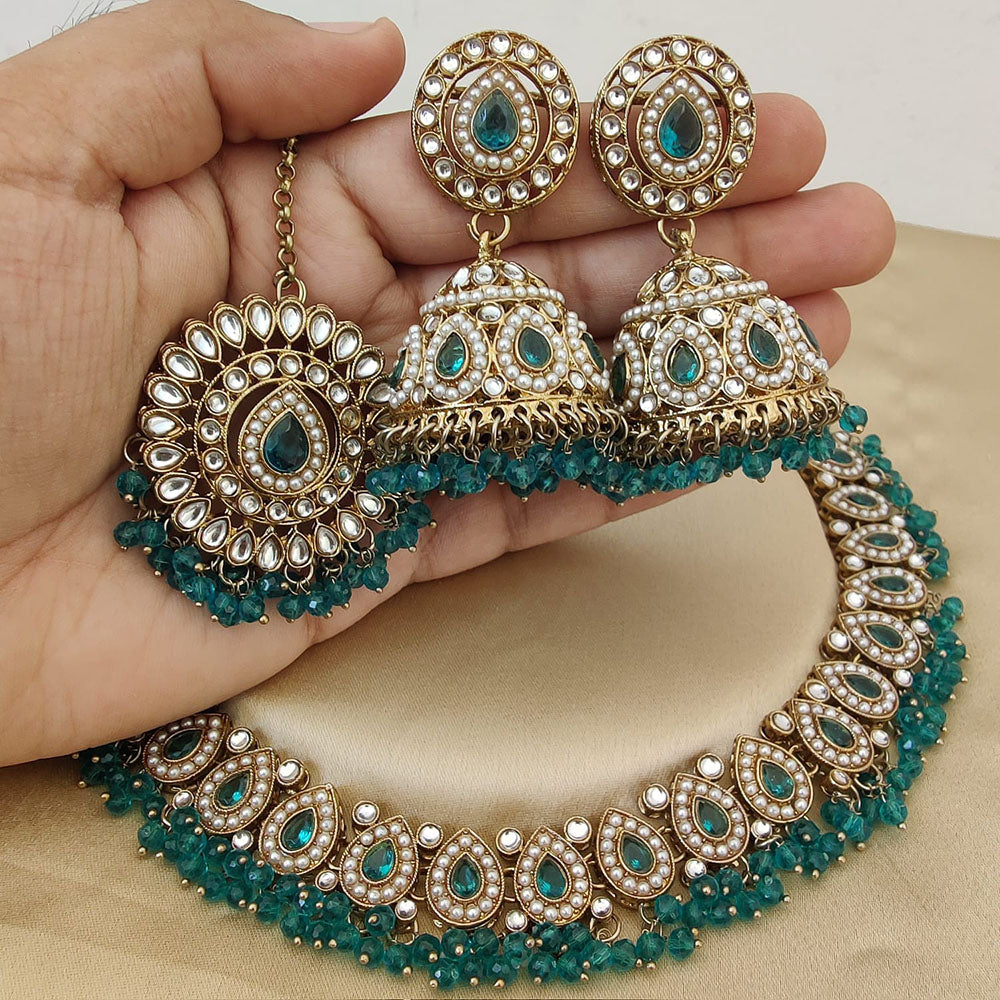 FS Collection Gold Plated Kundan Stone And Pearls Necklace Set