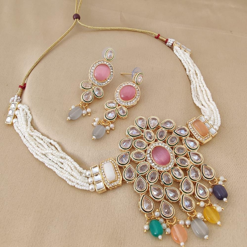 FS Collection Gold Plated Crystal Stone And Beads Choker Necklace Set