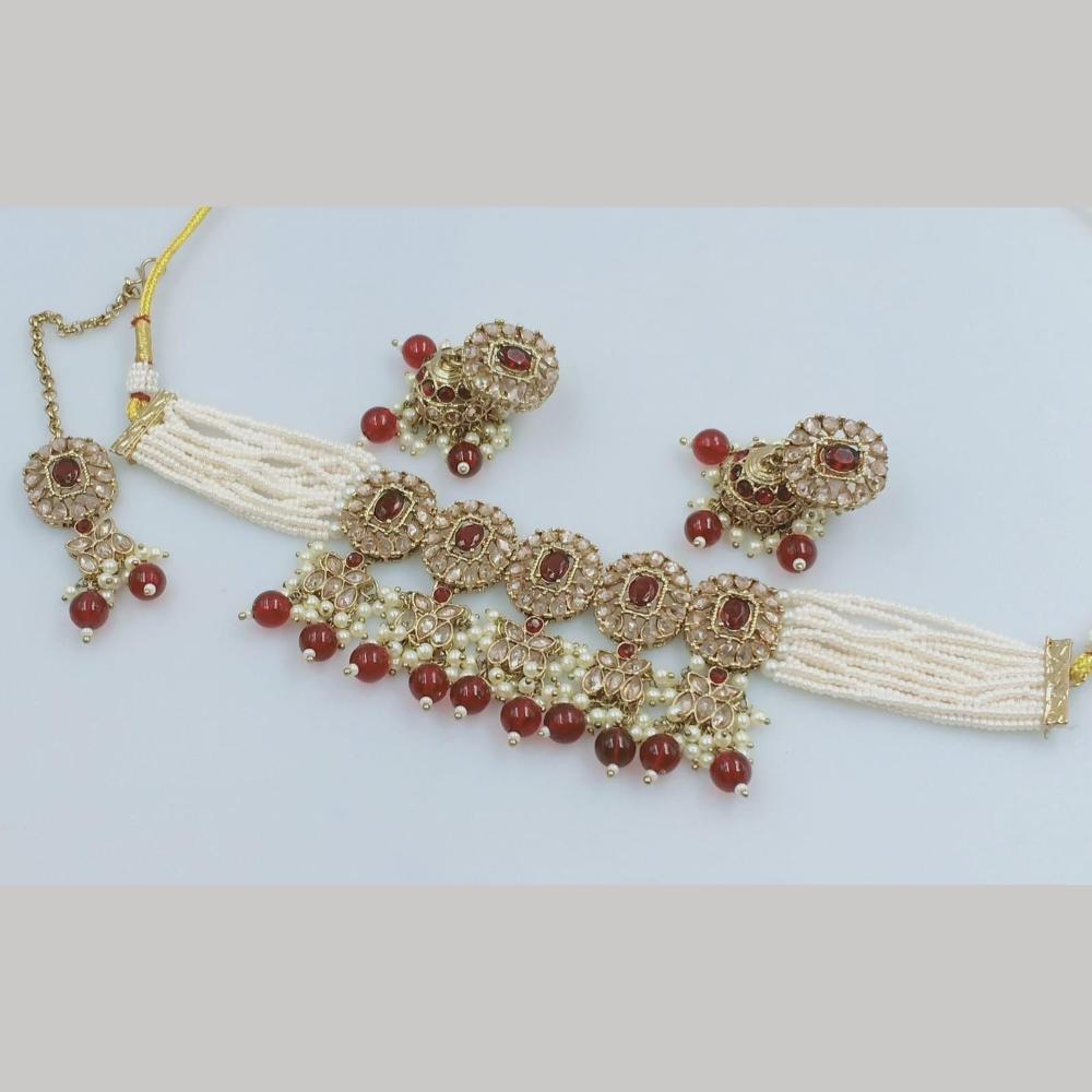 FS Collection Gold Plated Crystal Stone And Beads Choker Necklace Set