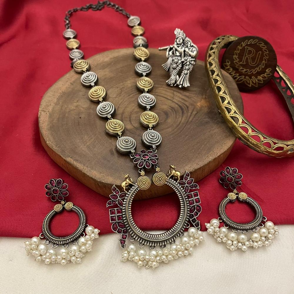 FS Collection 2 Tone Plated Pota Stone And Pearls Necklace Set