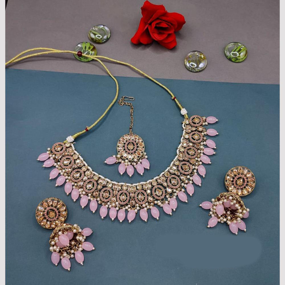 FS Collection Gold Plated Crystal Stone And Pearls Necklace Set