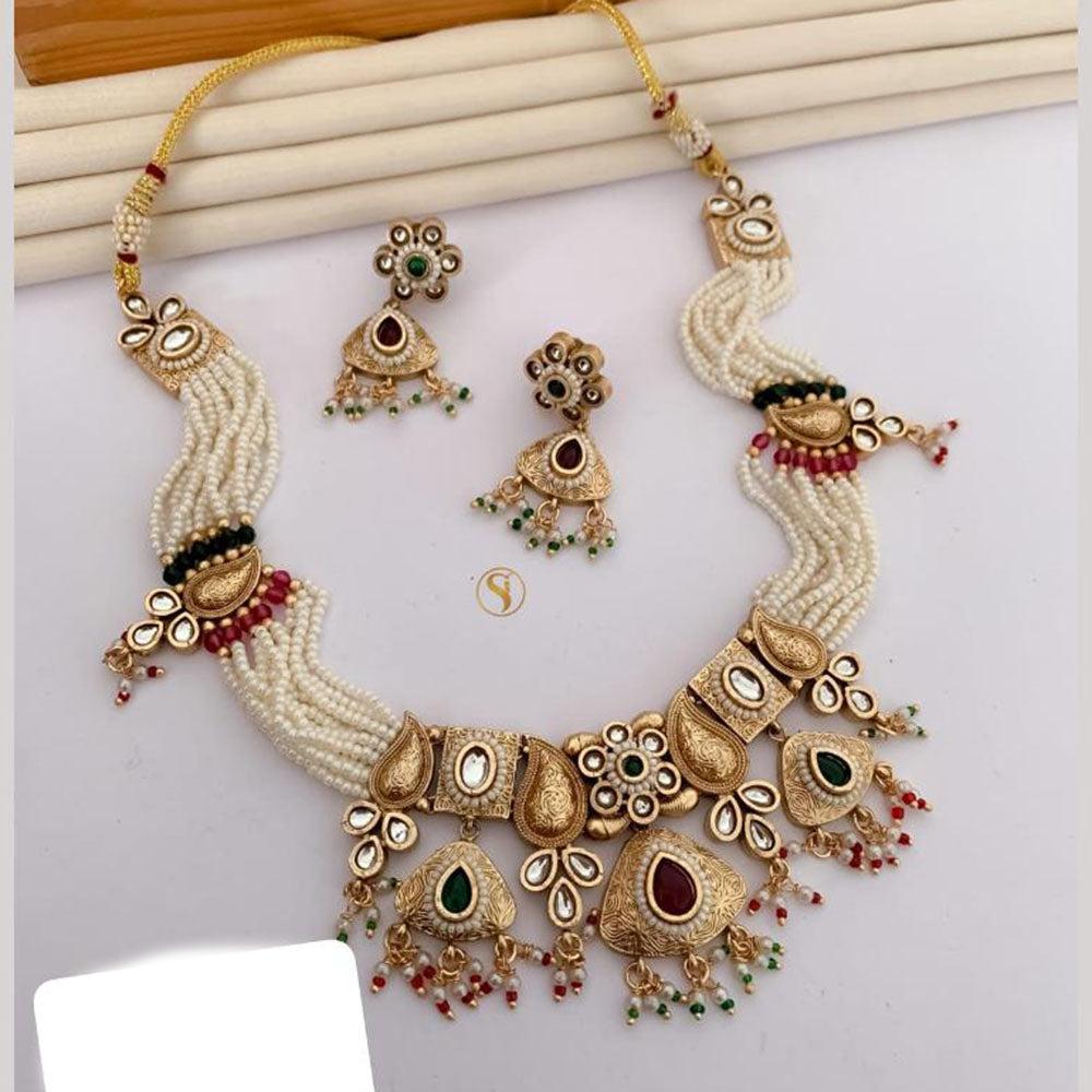FS Collection Gold Plated Pota Stone And Pearls Choker Meenakari Necklace Set