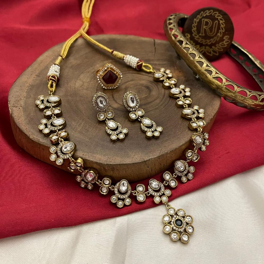 FS Collection Gold Plated Polki Kundan Stone Necklace Set