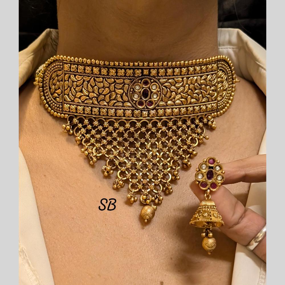 FS Collection Gold Plated Pota Stone Choker Necklace Set