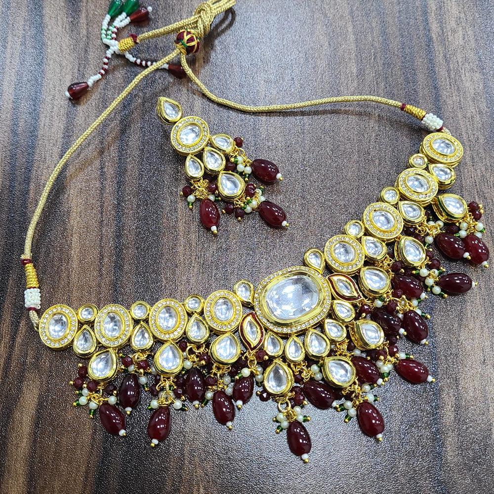 FS Collection Gold Plated Kundan Stone And Beads Choker Necklace Set
