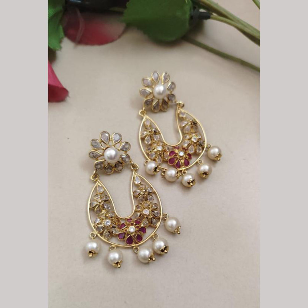 FS Collection Gold Plated Crystal Stone And Pearls Dangler Earrings