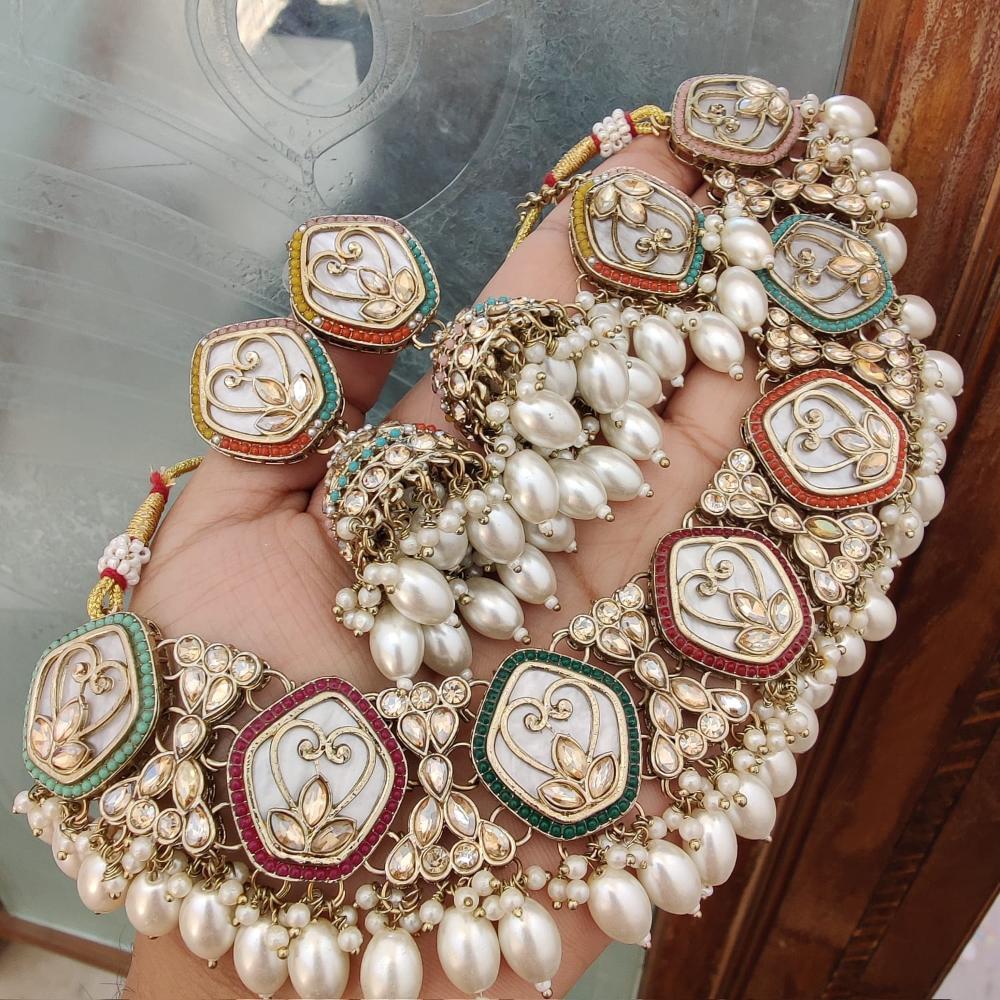 FS Collection Gold Plated Crystal Stone and Beads Necklace Set