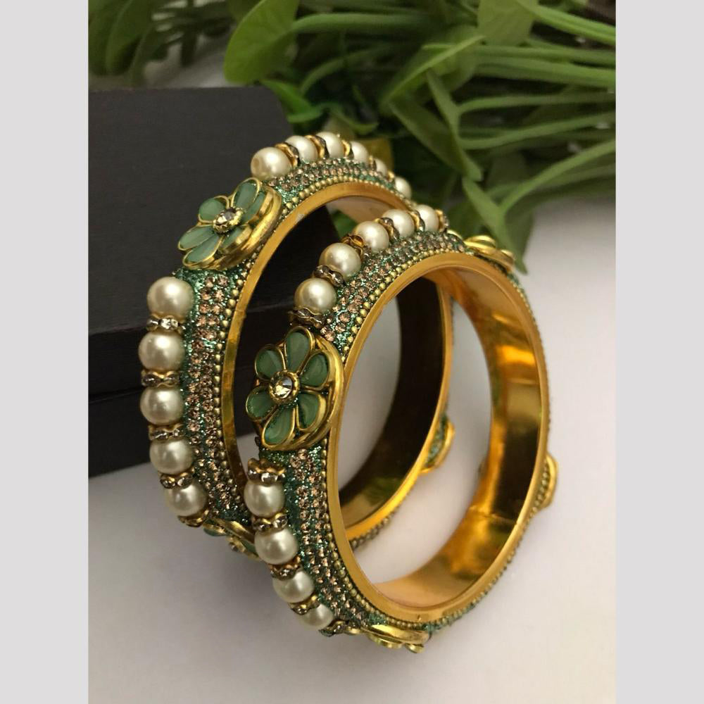 FS Collection Gold Plated Crystal Stone And Pearls Bangle Set