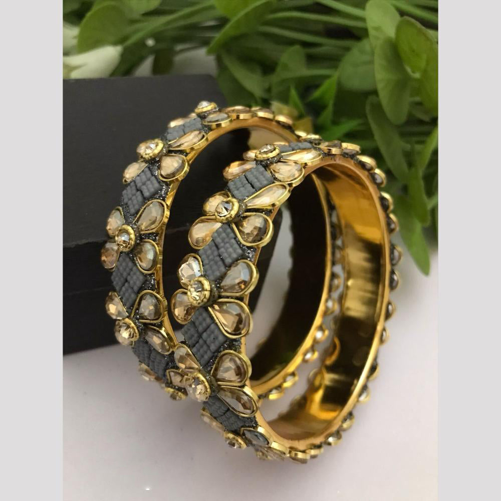 FS Collection Gold Plated Crystal Stone And Pearls Bangle Set