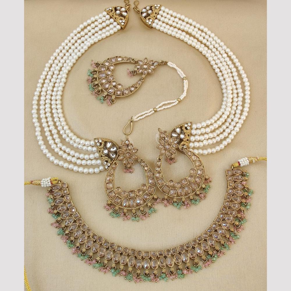 FS Collection Gold Plated Crystal Stone And Pearls Necklace Set