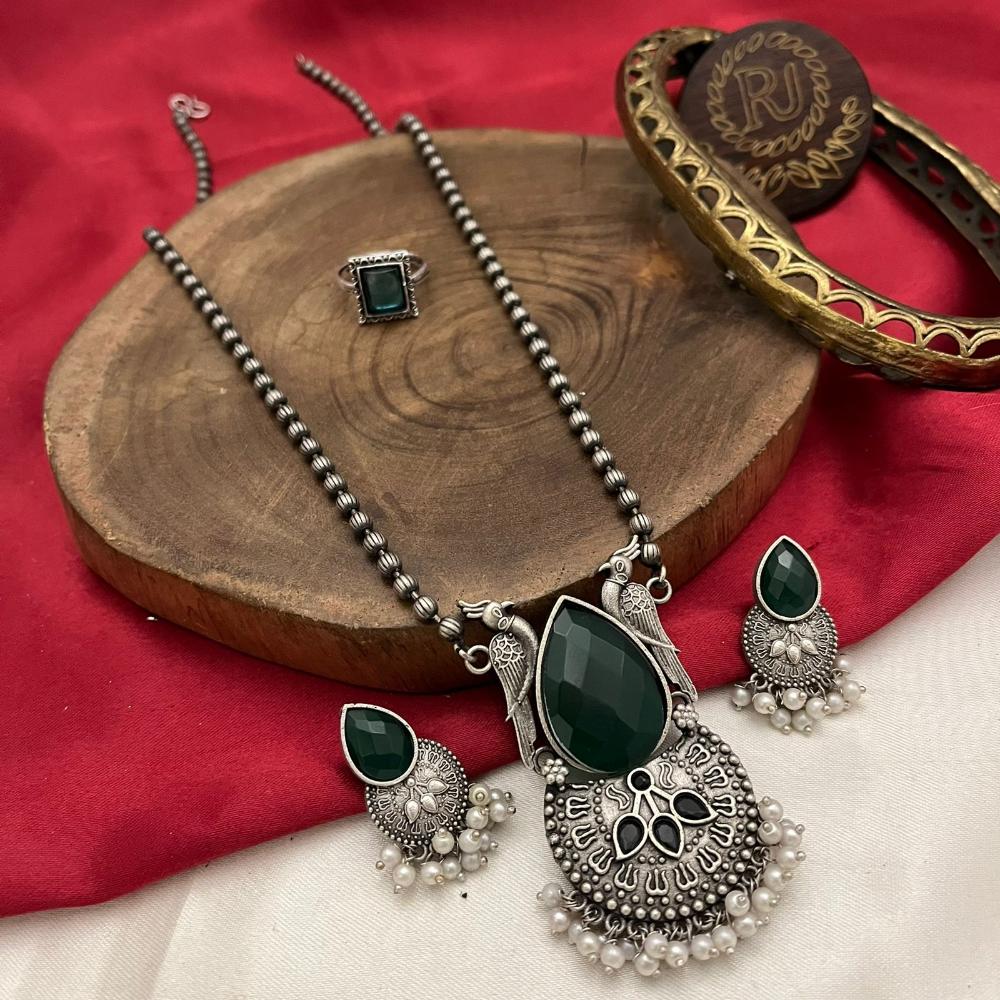 FS Collection Oxidised Plated Pota Stone And Pearls Long Necklace Set