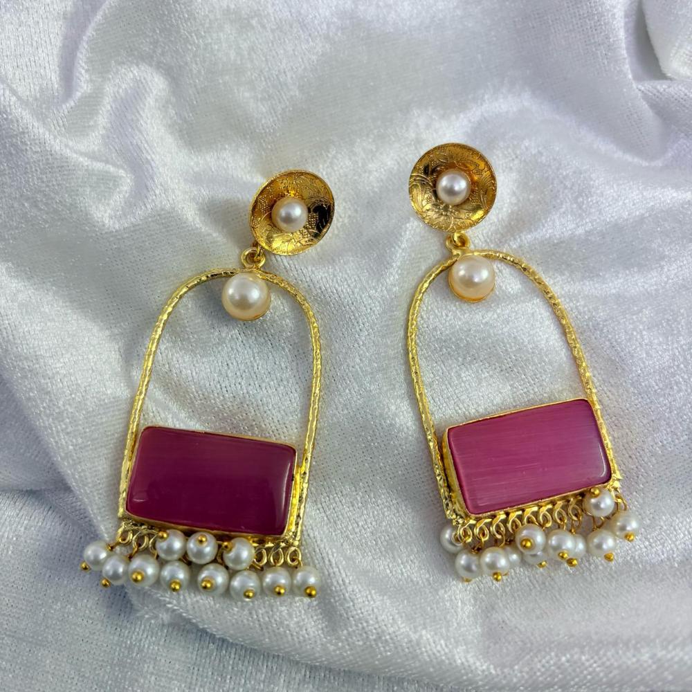 FS Collection Gold Plated Crystal Stone And Pearls Dangler Earrings