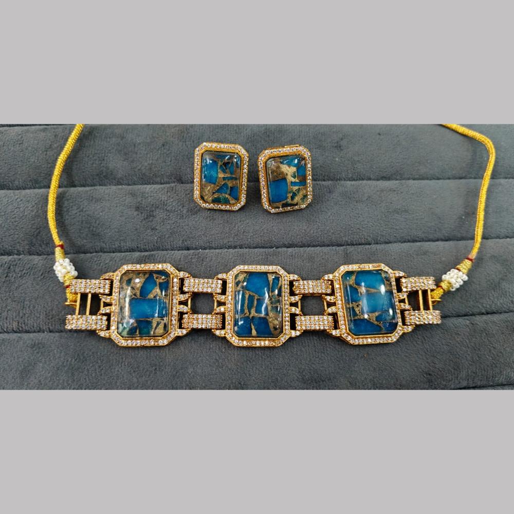Fs Collection Gold Plated Druzy Crystal Stone Choker Necklace Set
