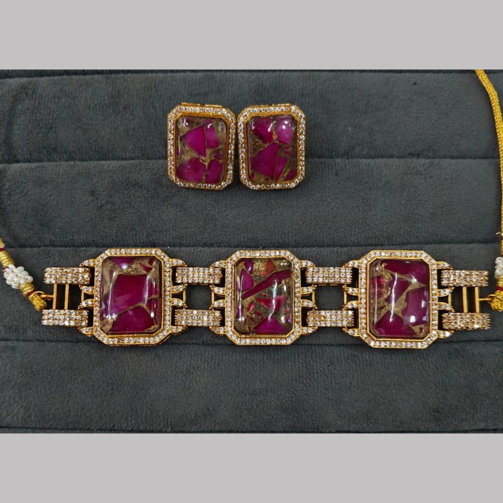 Fs Collection Gold Plated Druzy Crystal Stone Choker Necklace Set