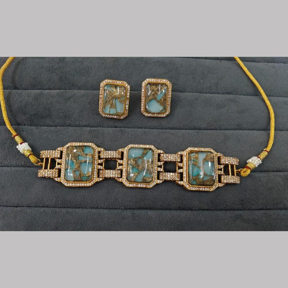 Fs Collection Gold Plated Druzy Crystal Stone Choker Necklace Set