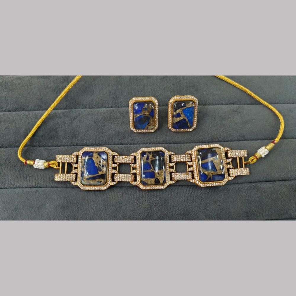 Fs Collection Gold Plated Druzy Crystal Stone Choker Necklace Set