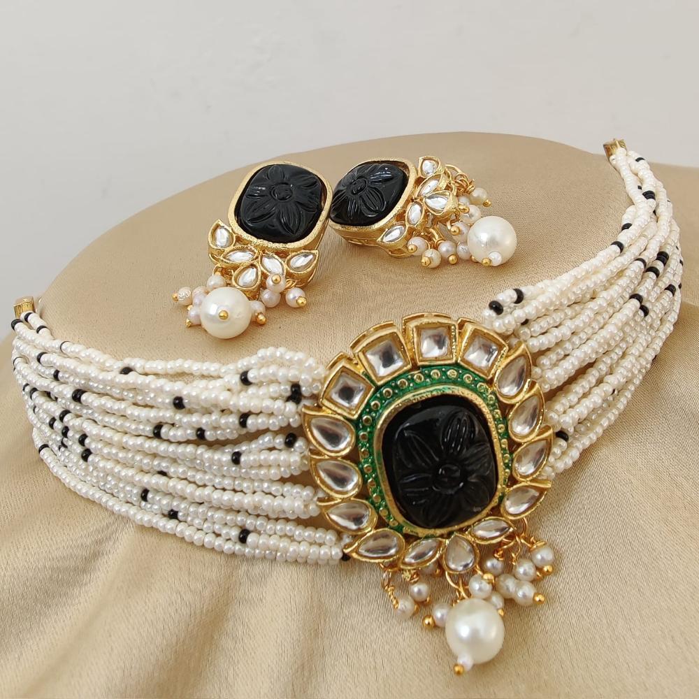 Fs Collection Gold Plated Kundan And Beads Choker Necklace Set