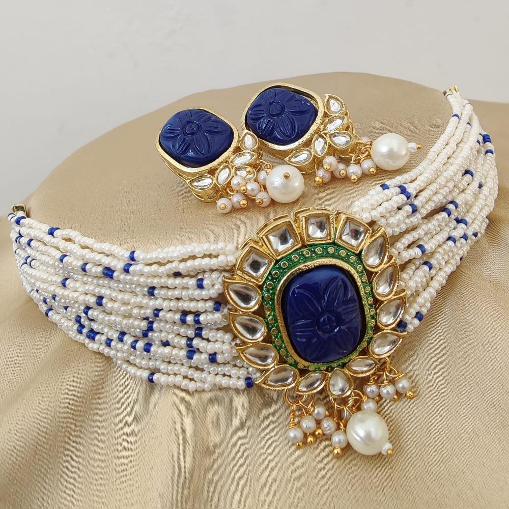 Fs Collection Gold Plated Kundan And Beads Choker Necklace Set