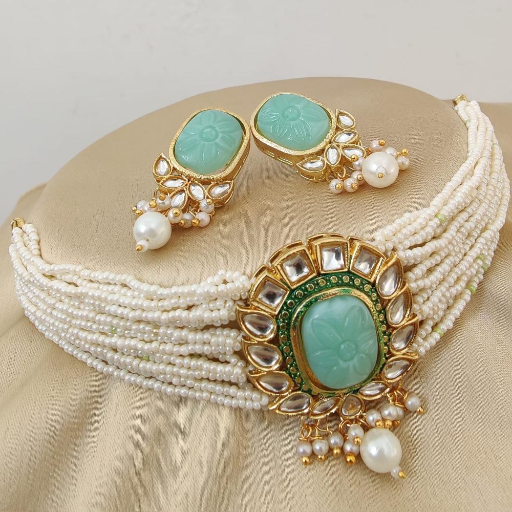 Fs Collection Gold Plated Kundan And Beads Choker Necklace Set