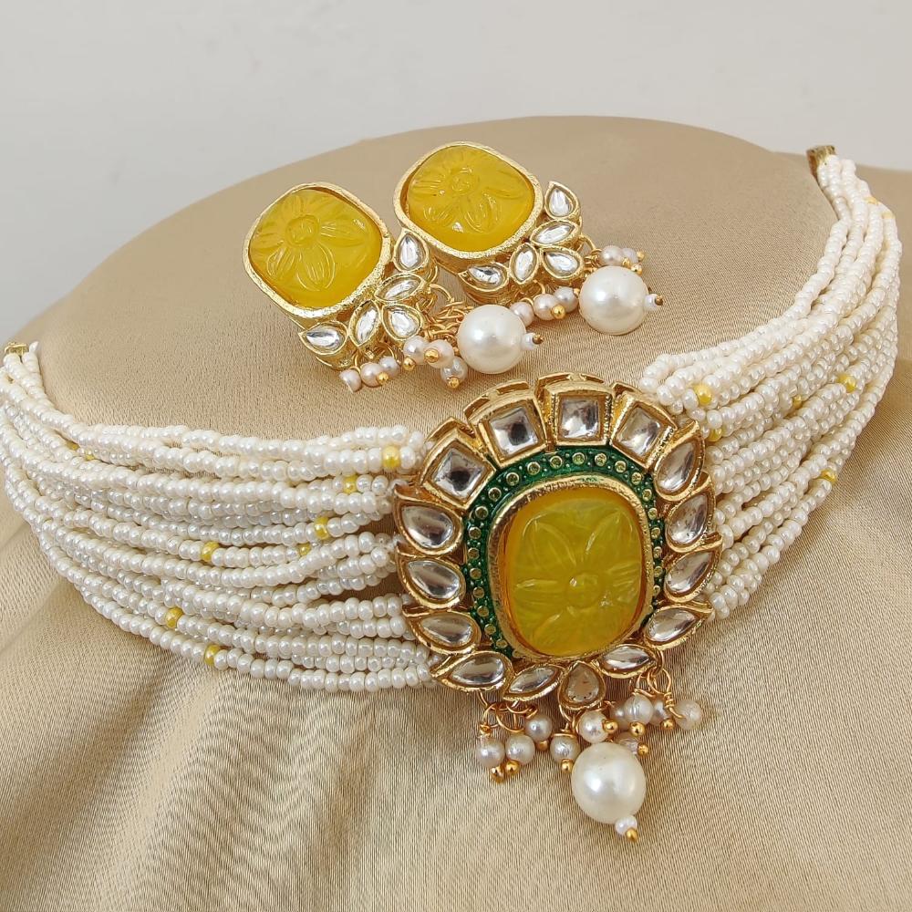 Fs Collection Gold Plated Kundan And Beads Choker Necklace Set