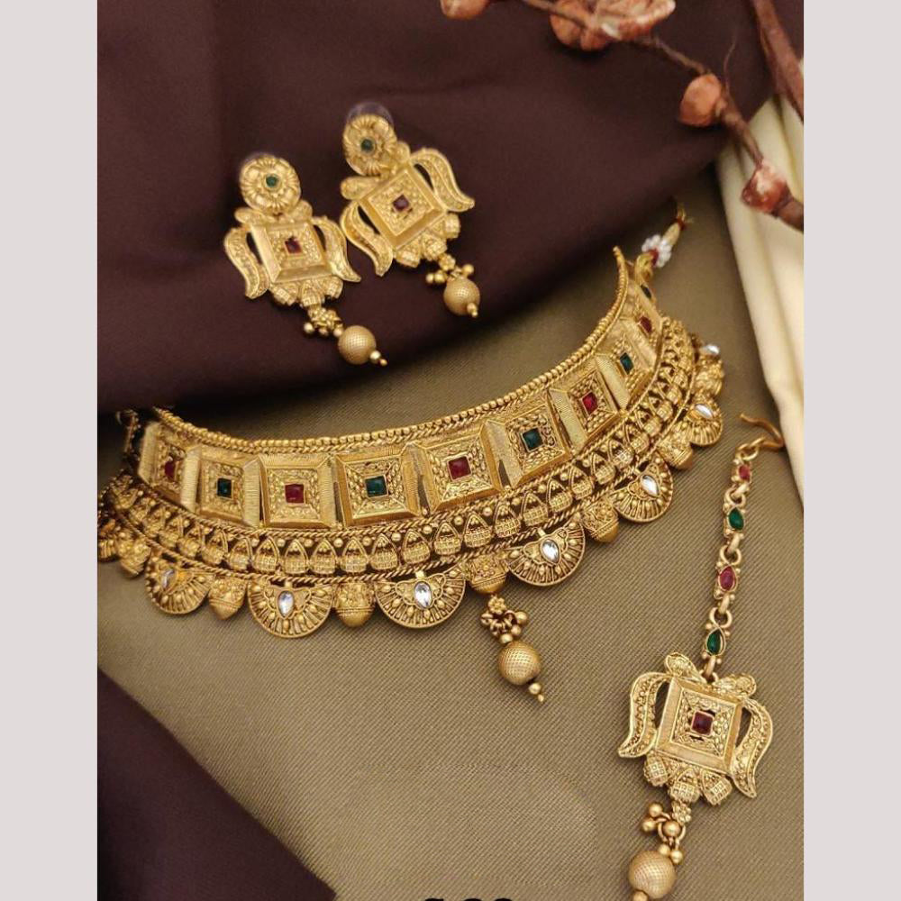 FS Collection Elegant Gold Plated Pota Stones Perfect for Weddings, Festivals Choker Necklace Set