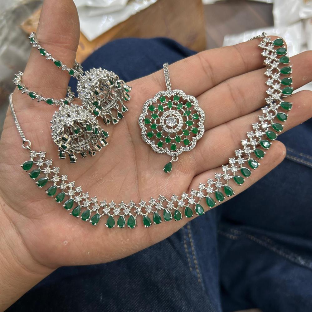 FS Collection Silver Plated Sparkling American Diamond Necklace Set