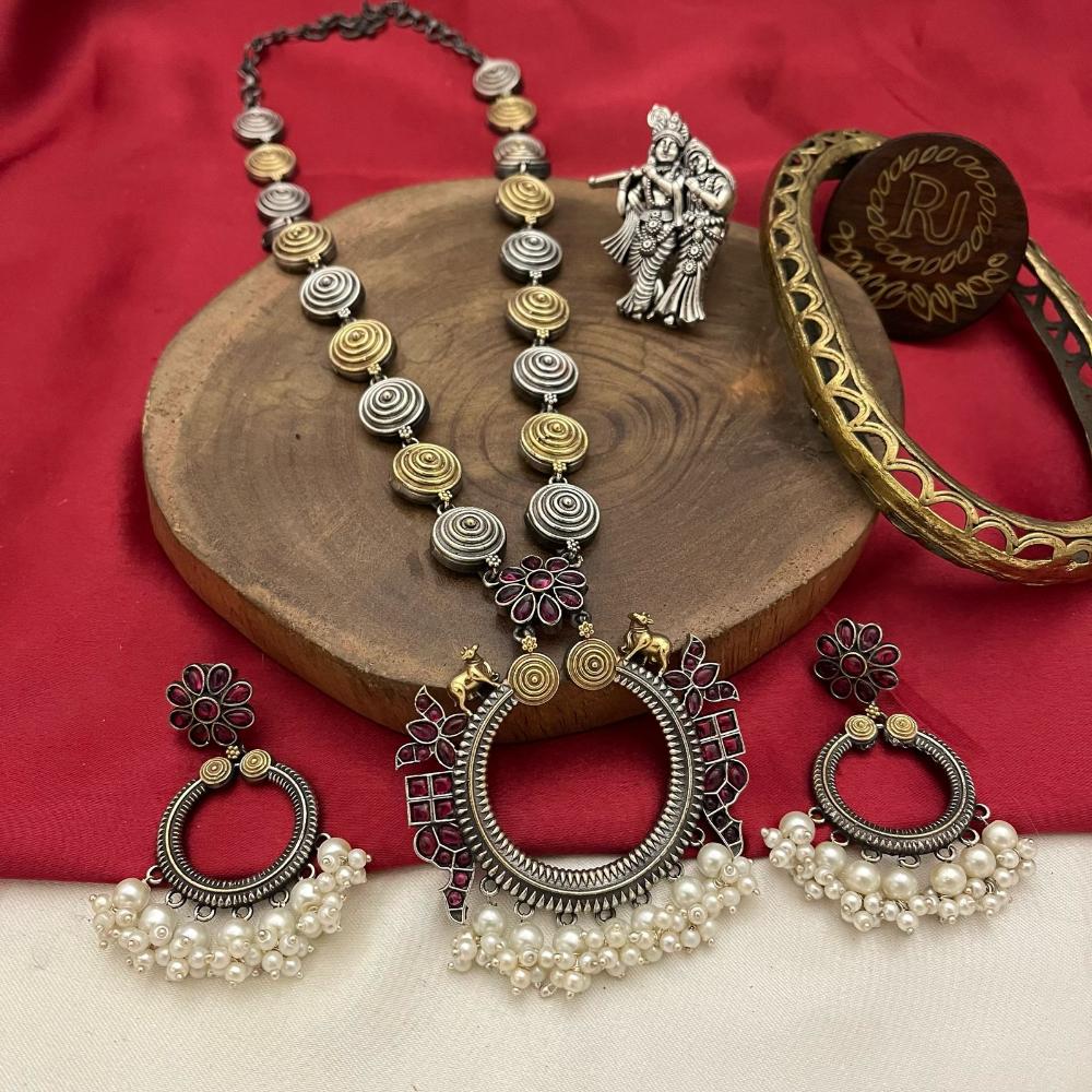FS Collection 2-Tone Pota and Pearls Modern Fusion Jewelry Long Necklace Set
