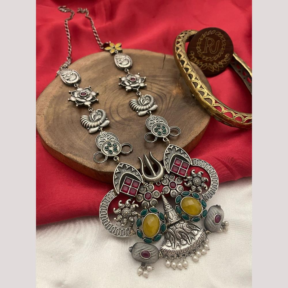 FS Collection Oxidised Plated Pota and Pearls Modern Fusion Jewelry Long Necklace Set