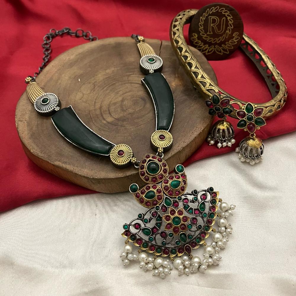 FS Collection Oxidised Plated Pota and Pearls Modern Fusion Jewelry Necklace Set