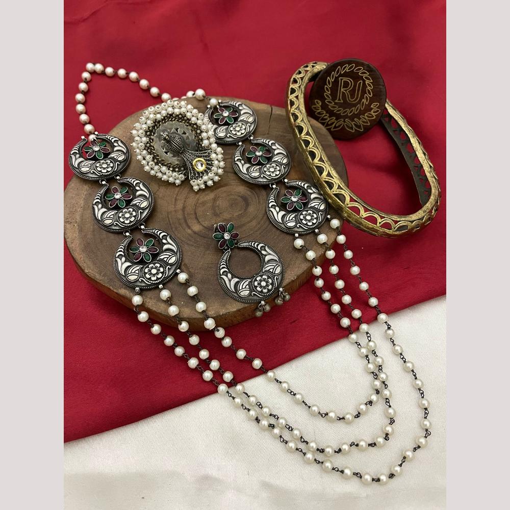 FS Collection Oxidised Plated Pota and Pearls Modern Fusion Jewelry Long Necklace Set