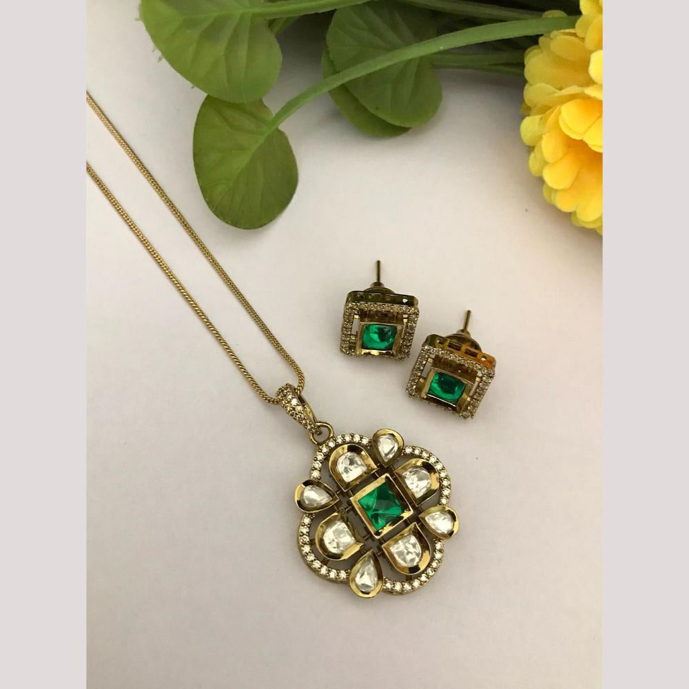 FS Collection Designer Gold Plated Kundan Traditional Chain Pendant Set