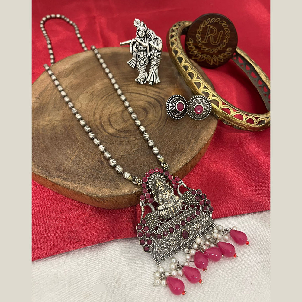 FS Collection Ethnic Aura Oxidized Plated Pota Stone And Bead Temple Necklace Set