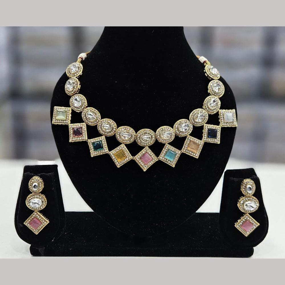 FS Collection Elegant Gold Plated Pota Stones Perfect for Weddings, Festivals Necklace Set