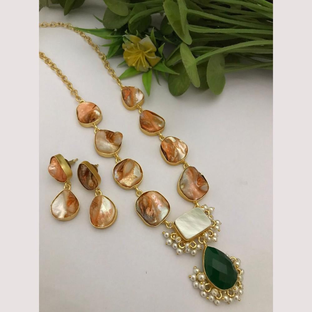 FS Collection Regal Gold Plated with Elegant Mother of Pearl Touch Long Necklace Set