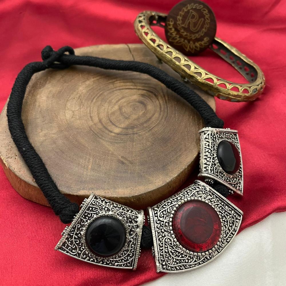 FS Collection Oxidised Plated Pota Stone Necklace Set