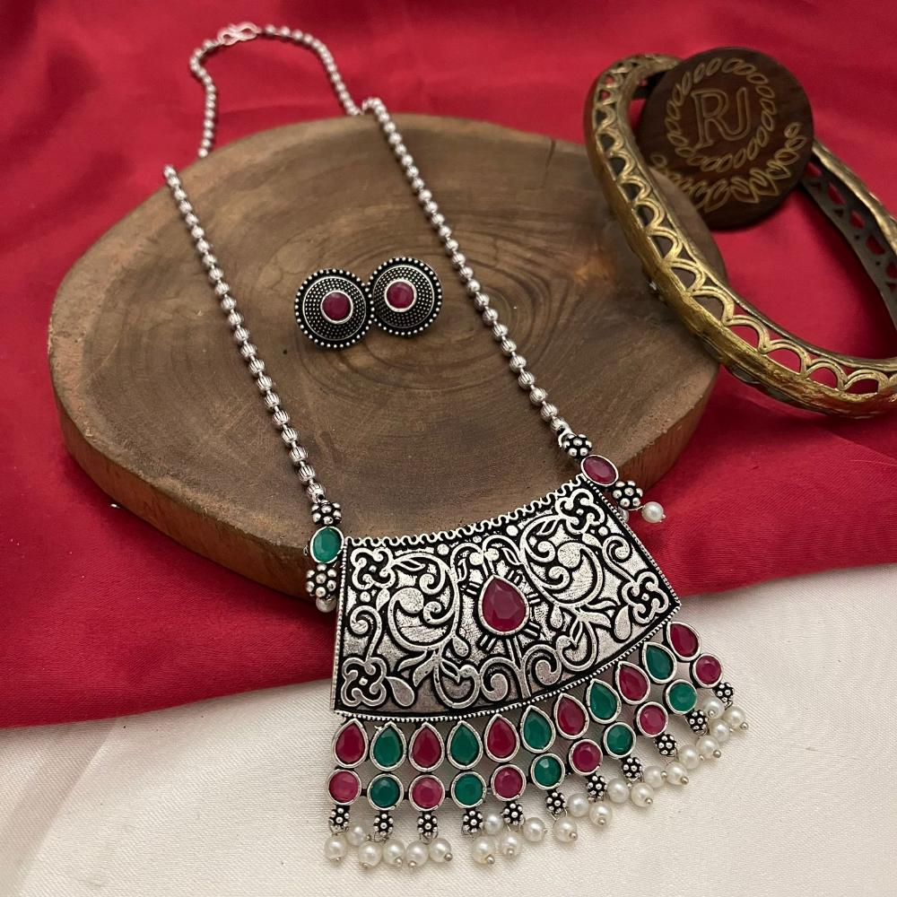 FS Collection Oxidised Plated Pota and Pearls Modern Fusion Jewelry Long Necklace Set