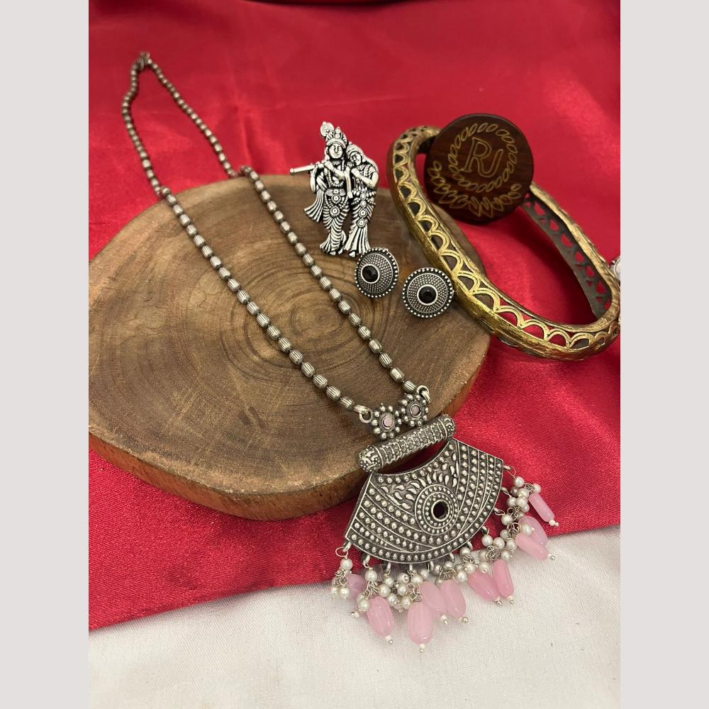 FS Collection Oxidised Plated Pota and Pearls Modern Fusion Jewelry Long Necklace Set