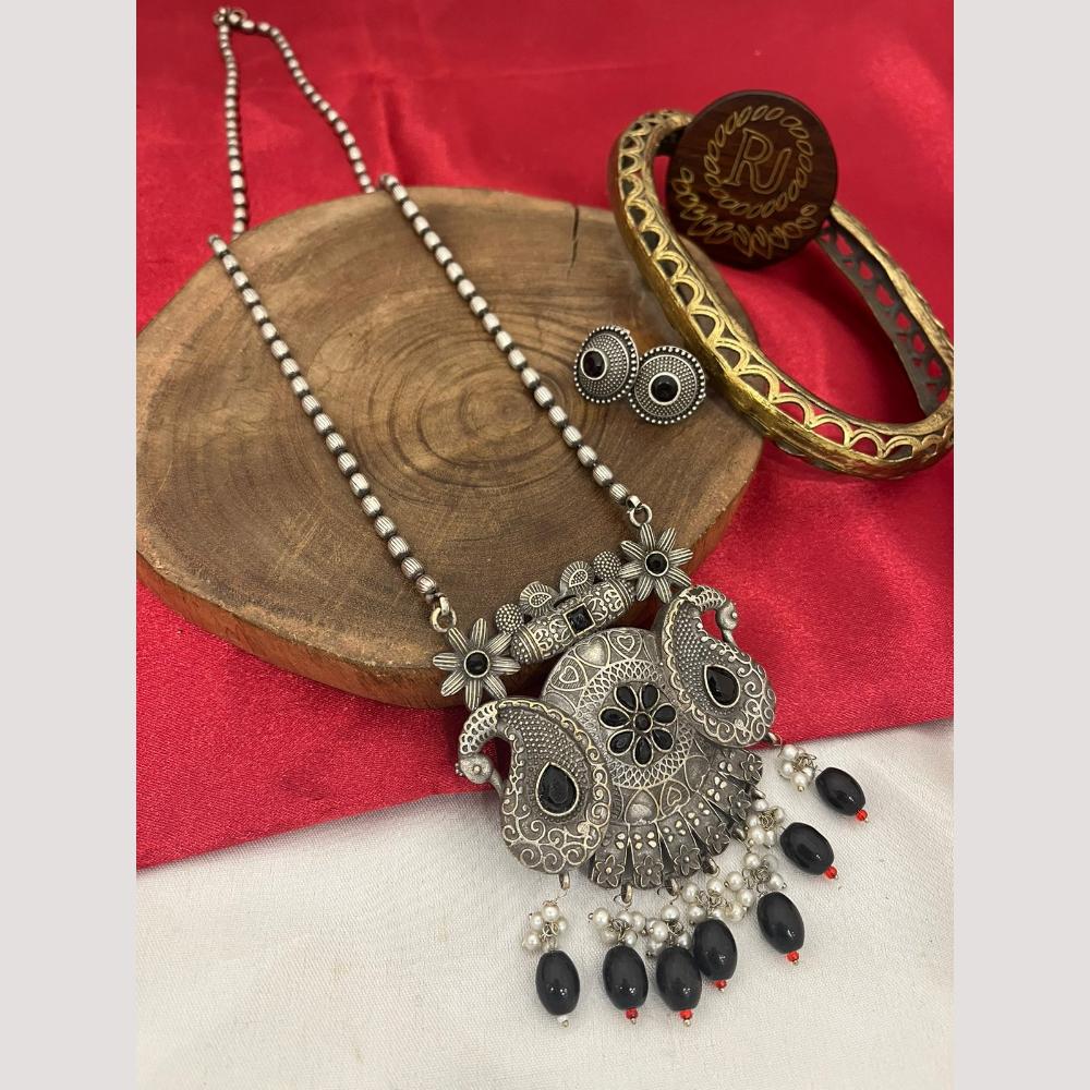 FS Collection Oxidised Plated Pota and Pearls Modern Fusion Jewelry Long Necklace Set