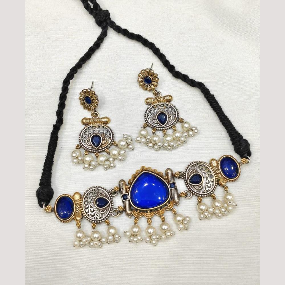FS Collection Stylish 2-Tone Plated Pota Stones And Pearl Choker Necklace Set
