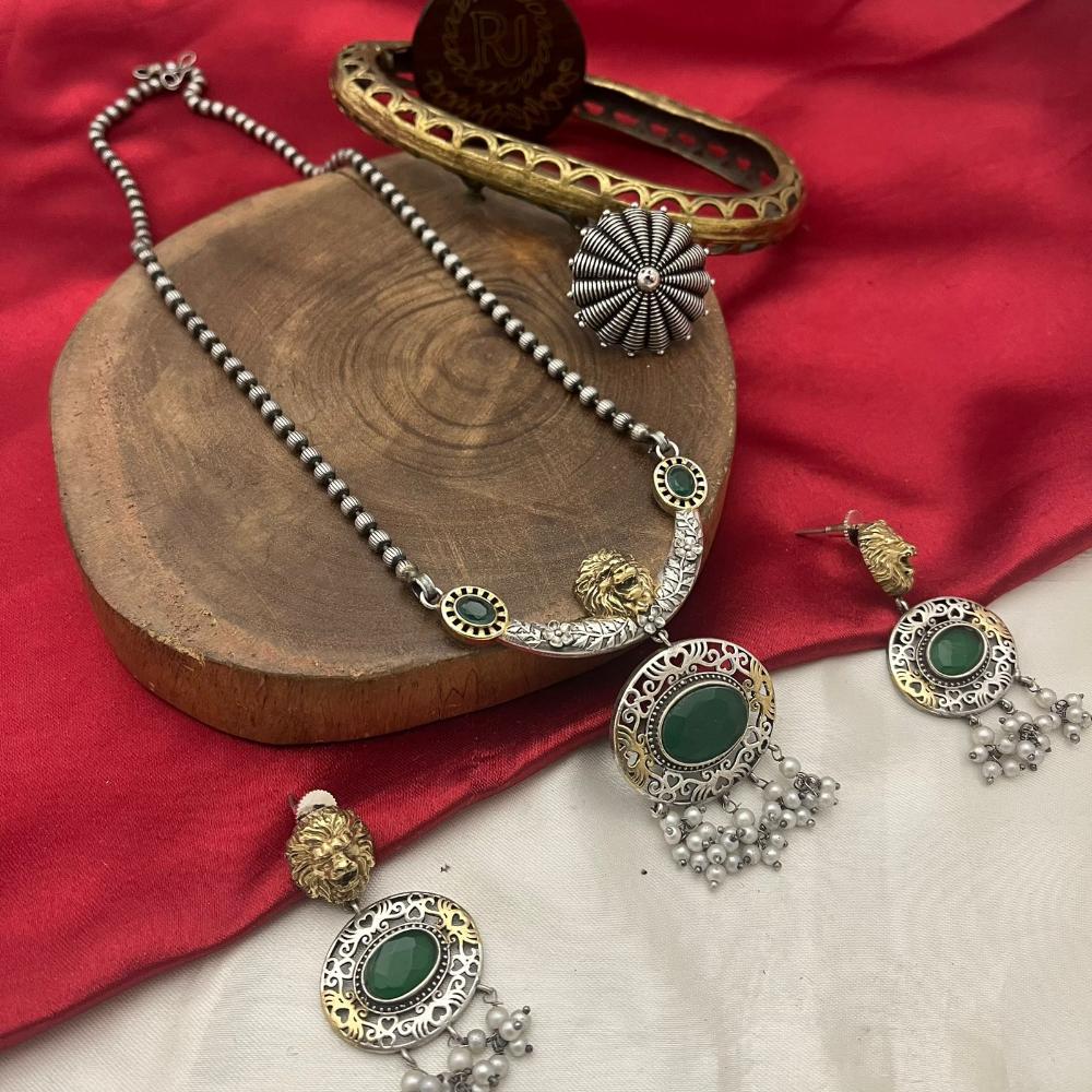 FS Collection Oxidised Plated Pota and Pearls Modern Fusion Jewelry Long Necklace Set