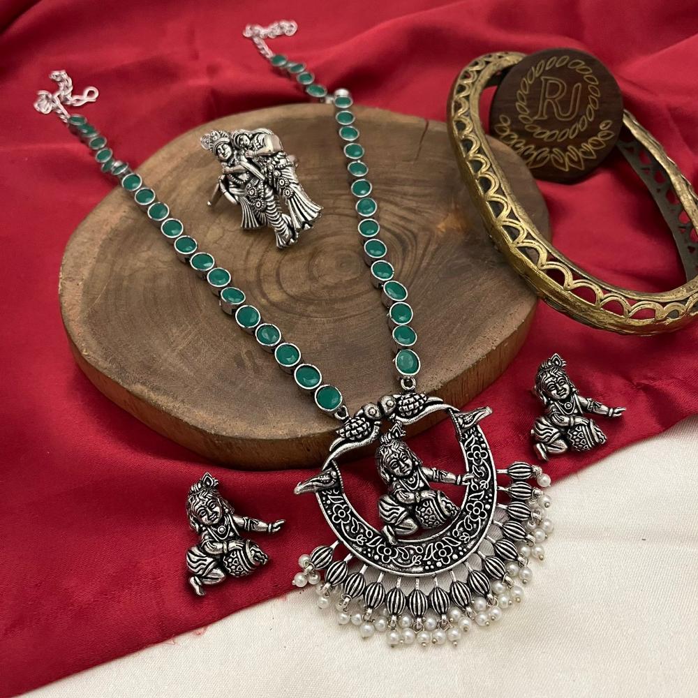 FS Collection Oxidised Plated Pota Stone And Pearls Temple Long Necklace Set