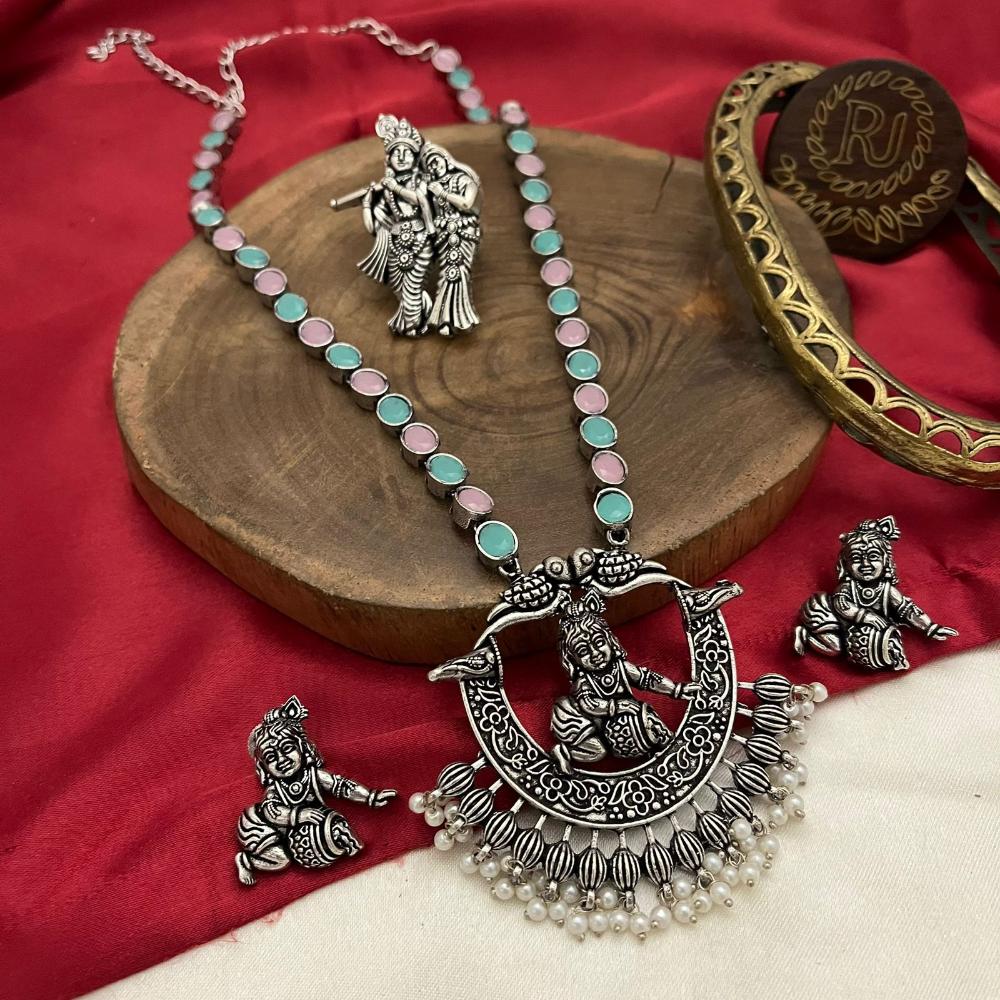 FS Collection Oxidised Plated Pota Stone And Pearls Temple Long Necklace Set
